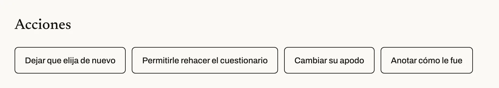Captura de las acciones de la ficha de un alumno, en la cuenta demo: «Dejar que elija de nuevo», «Permitirle rehacer el cuestionario», «Cambiar su apodo» y «Anotar cómo le fue».