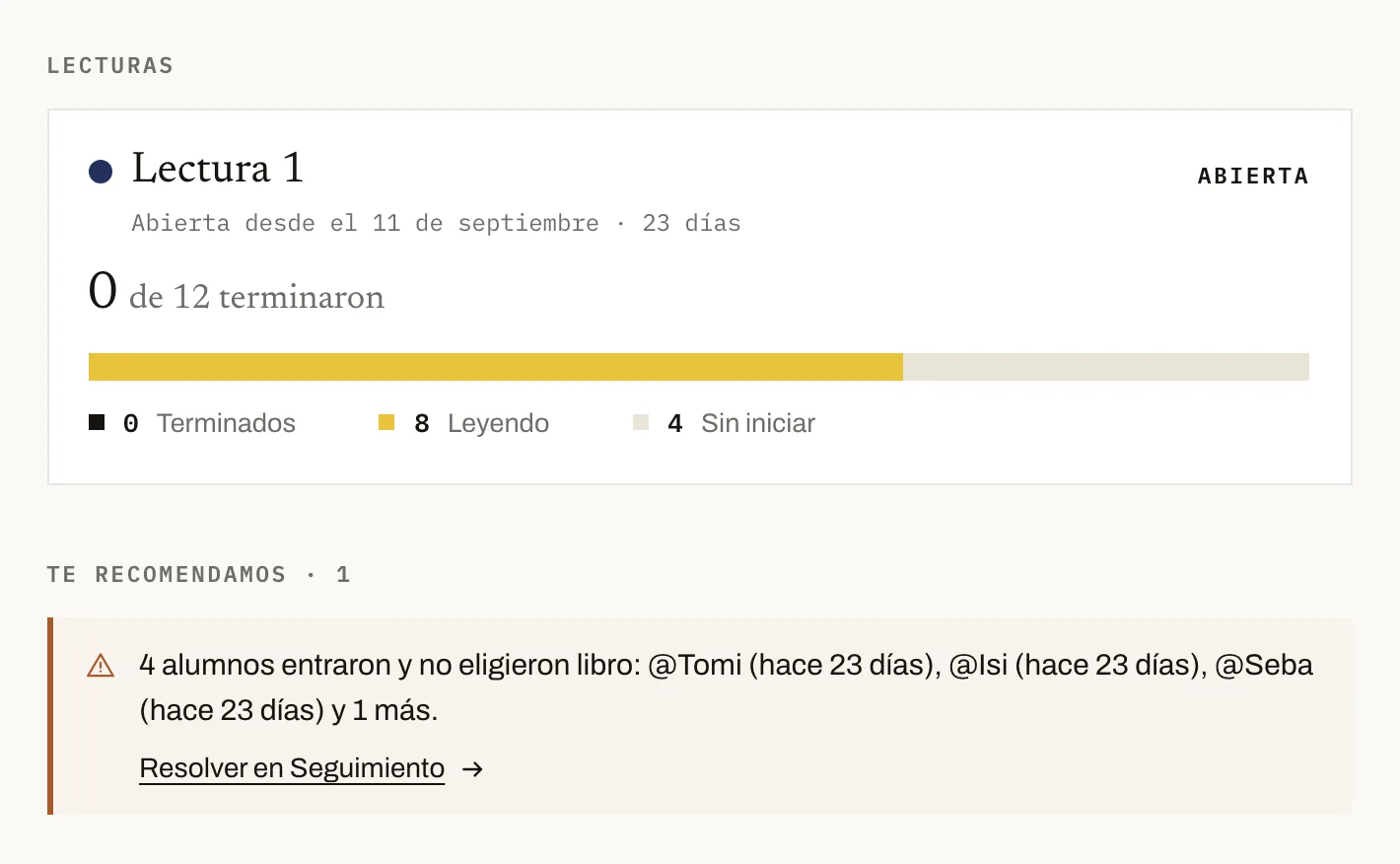 Captura de Hoy, en el panel del profesor de la cuenta demo: cada lectura del curso con su estado, cuántos alumnos la terminaron y una barra con cuántos terminaron, cuántos están leyendo y cuántos no han iniciado. Debajo, «Te recomendamos», con lo que conviene hacer ahora y el enlace «Resolver en Seguimiento».