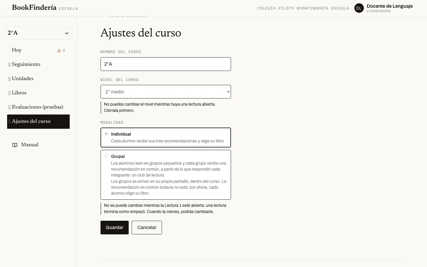 La pantalla de «Cambiar el nombre, el nivel o la modalidad», con los pasos numerados.