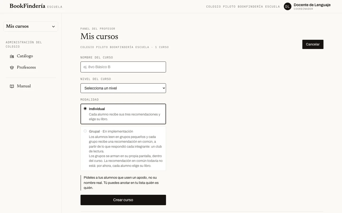 La pantalla de «Crear un curso», con los pasos numerados.