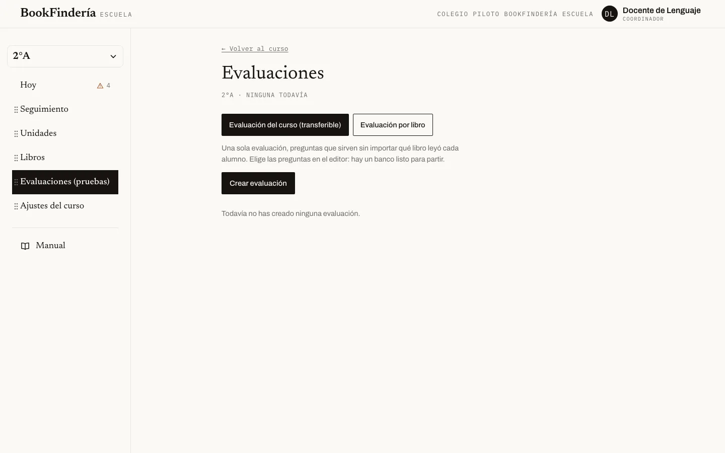 La pantalla de «Crear una evaluación», con los pasos numerados.