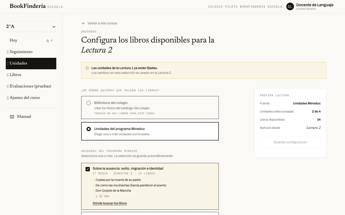 La pantalla de «Elegir las unidades de la próxima lectura», con los pasos numerados.